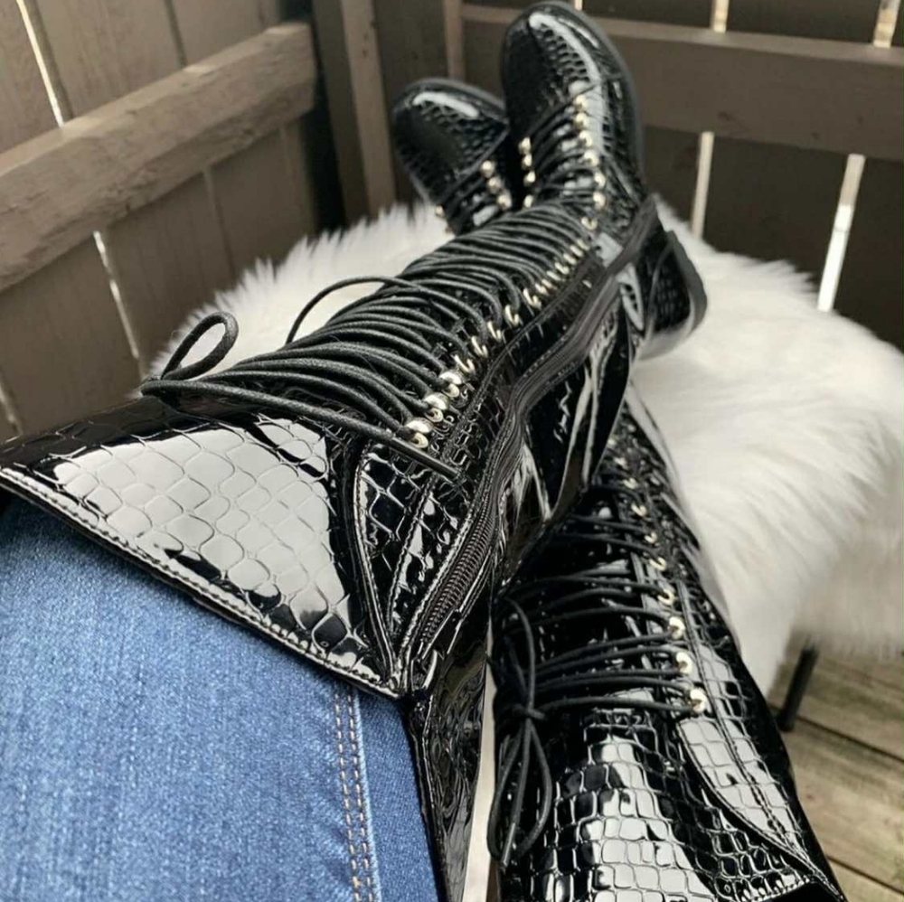 Black Patent Lace-Up Knee-High Boots